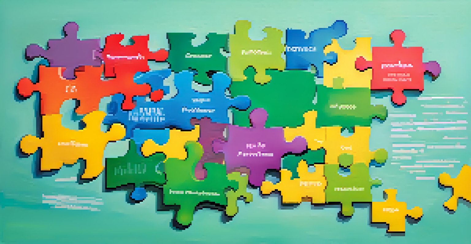 Colorful puzzle pieces representing different types of contingencies on a table, with keywords like 'financing' and 'inspection'.