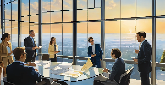A modern real estate office with investors discussing property listings in front of it, illuminated by warm sunlight.