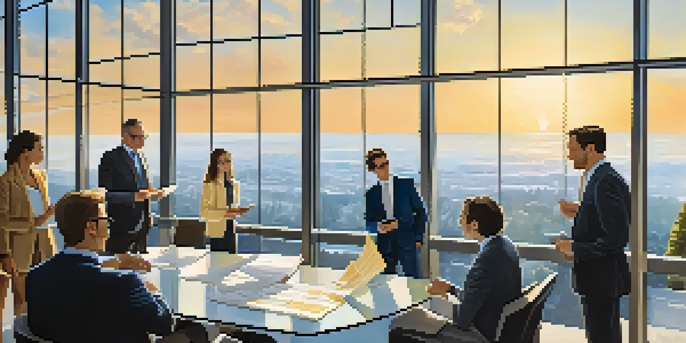A modern real estate office with investors discussing property listings in front of it, illuminated by warm sunlight.