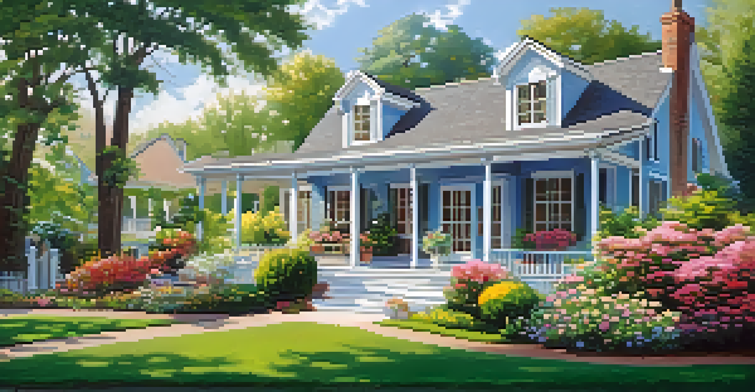 A picturesque residential property with a garden, a charming porch, and colorful flowers under a clear blue sky.