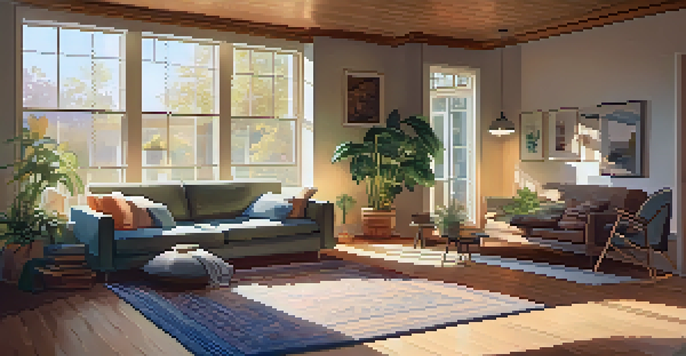 A cozy living room with wooden floors and a rug, sunlight streaming through windows, and a family enjoying time together.