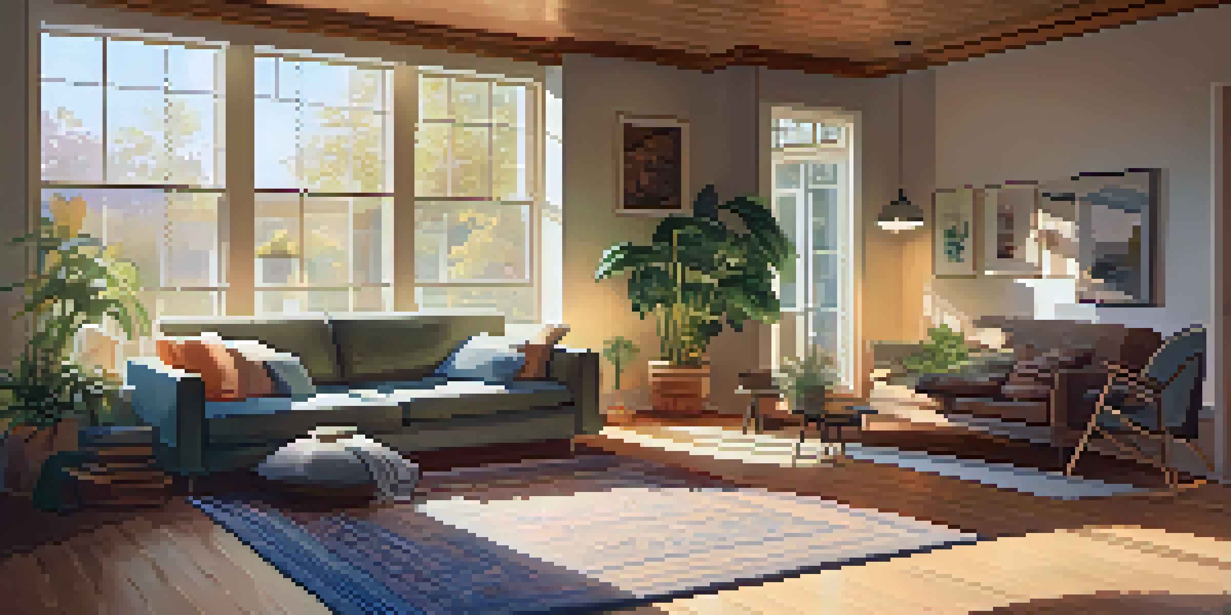 A cozy living room with wooden floors and a rug, sunlight streaming through windows, and a family enjoying time together.