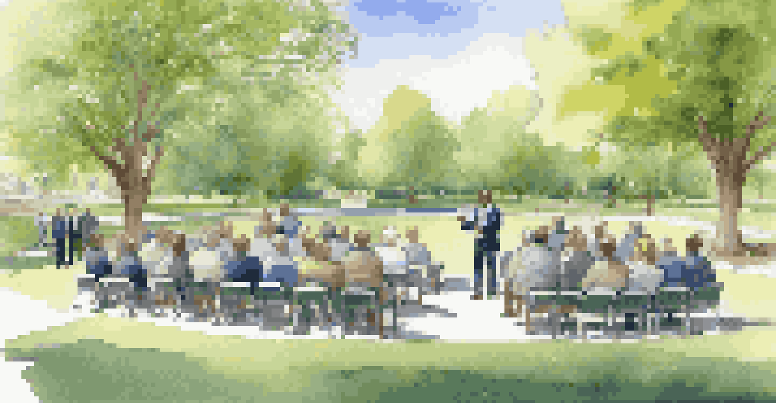 An outdoor town hall meeting in a park, with a syndicator speaking to a group of engaged investors.