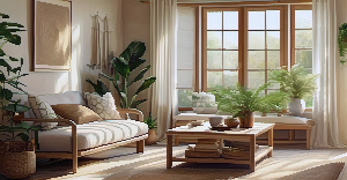 A cozy living room showcasing eco-friendly textiles, including organic cotton curtains, a bamboo coffee table, and recycled fabric cushions, with houseplants for added greenery.