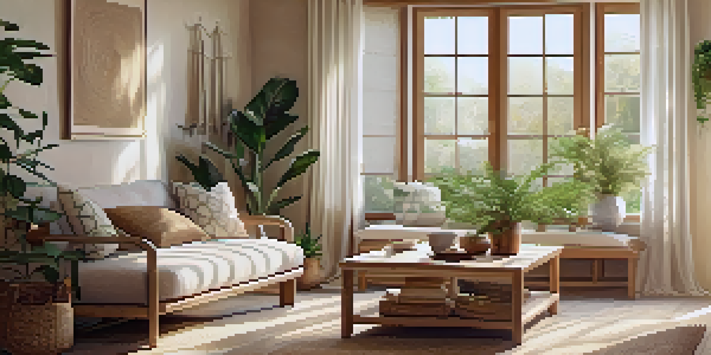 A cozy living room showcasing eco-friendly textiles, including organic cotton curtains, a bamboo coffee table, and recycled fabric cushions, with houseplants for added greenery.