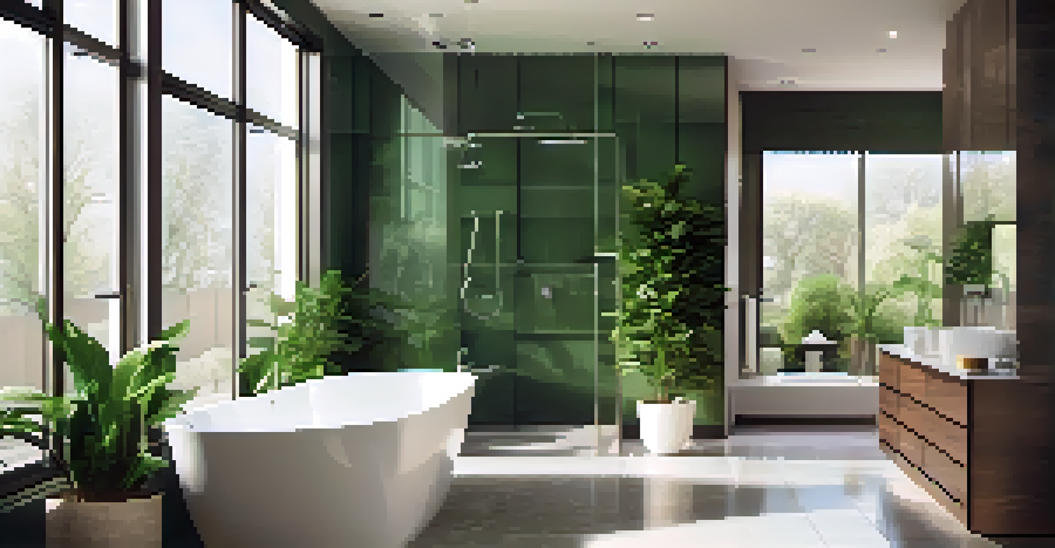 An elegant bathroom with porcelain tile flooring, a contemporary bathtub, and natural light highlighting the space with green plants.