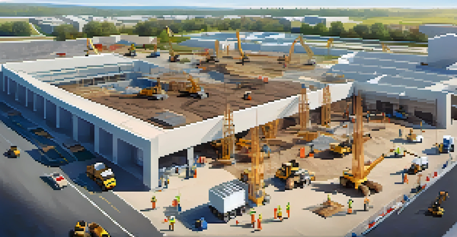 An aerial view of a construction site with teams using digital tools, illustrating collaboration and teamwork in progress.