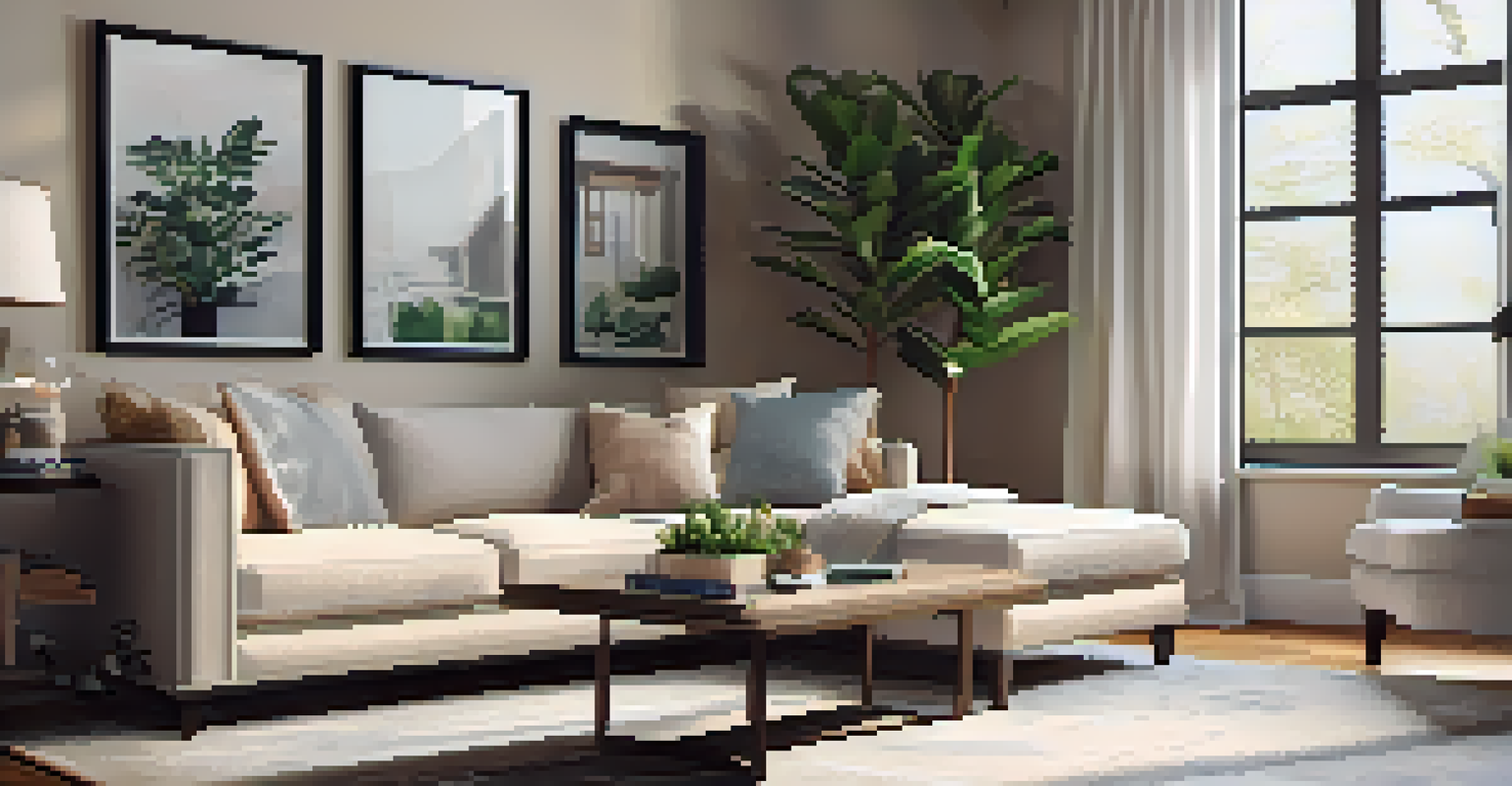 A cozy living room with a stylish couch and natural light pouring through a large window, showcasing a welcoming atmosphere.