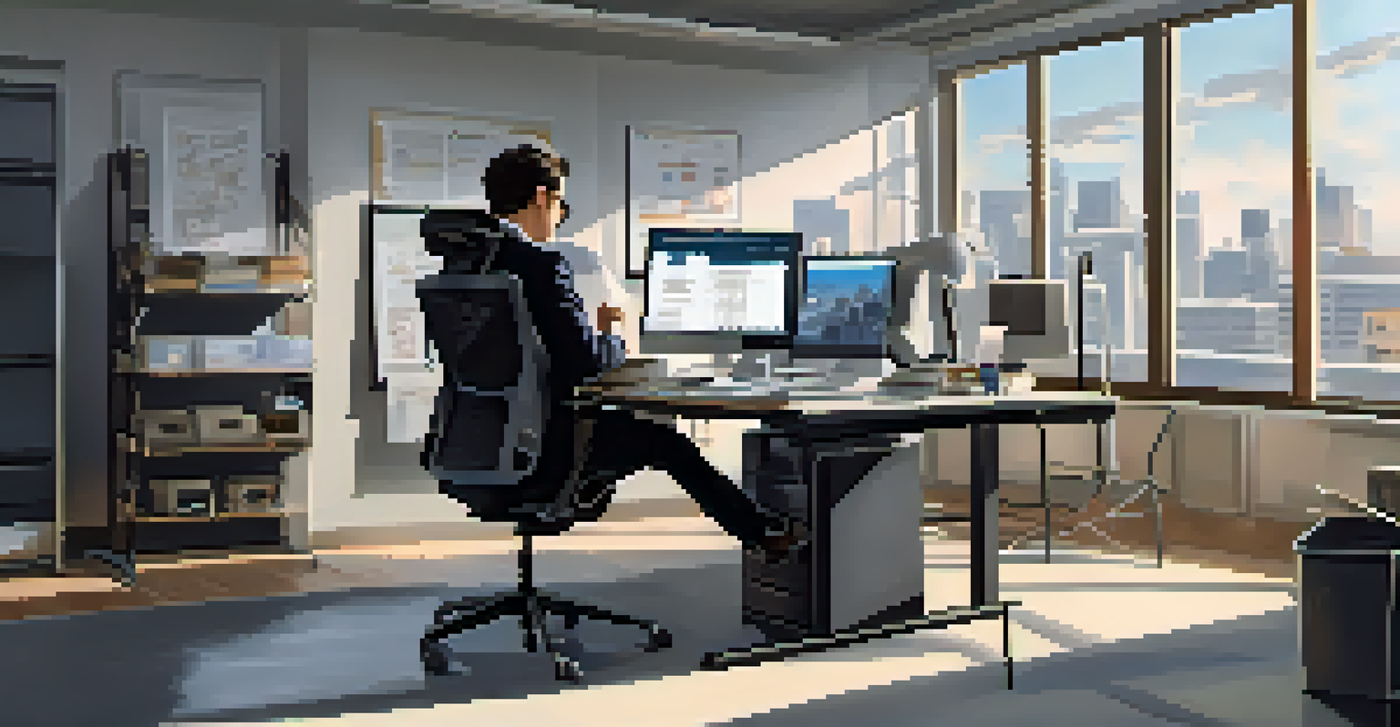 An office worker adjusting their ergonomic chair, focused at a neatly organized desk with a computer and supplies.