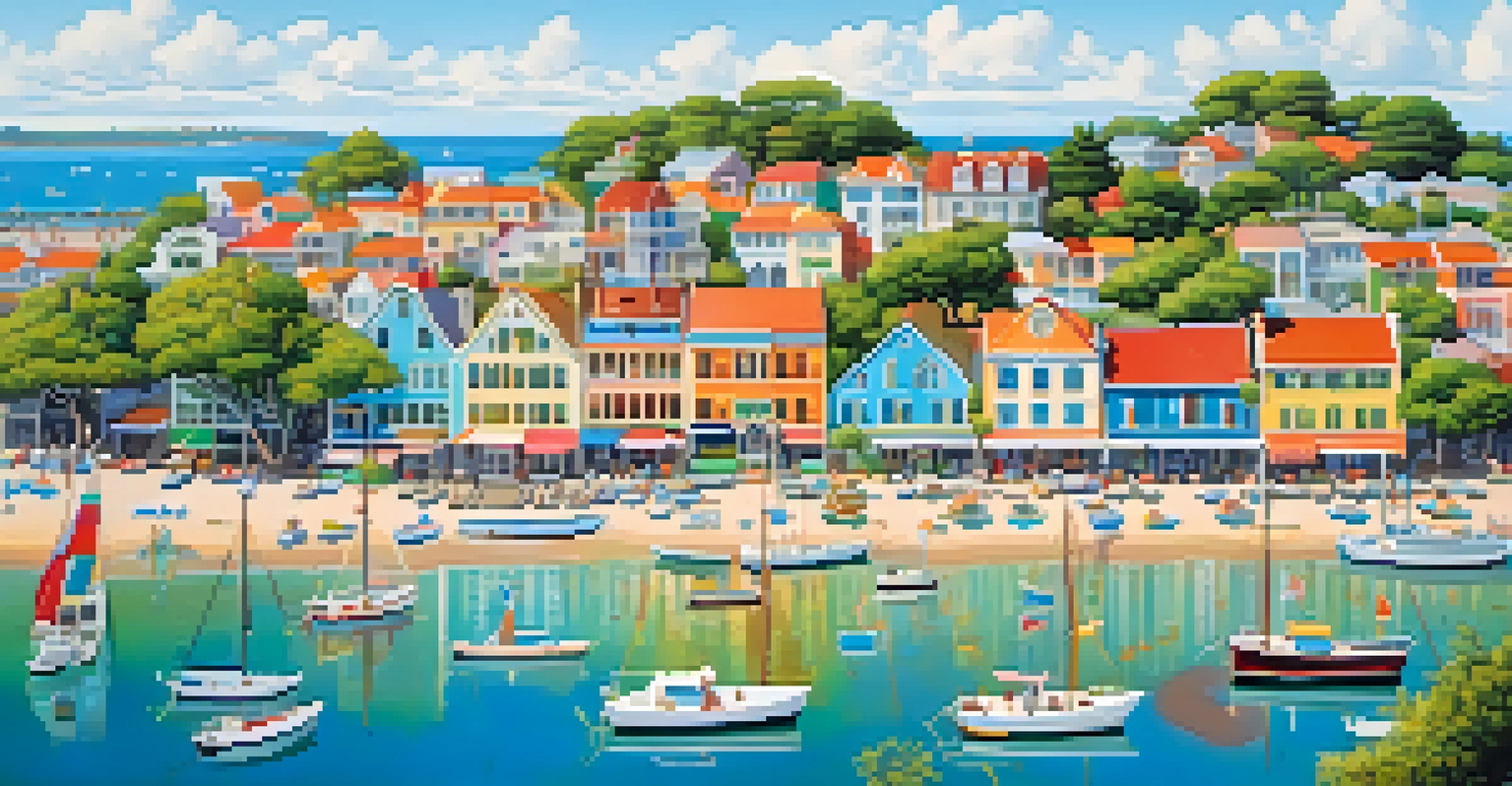 An aerial view of a vibrant coastal town with colorful houses, a calm harbor, and people enjoying the beach.