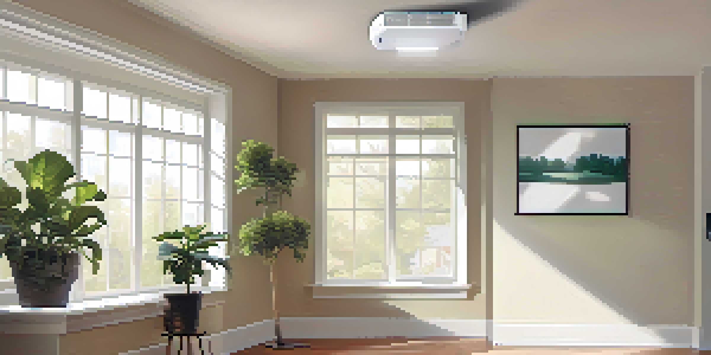 A smoke and carbon monoxide detector on a ceiling in a bright room, with a plant in the background.