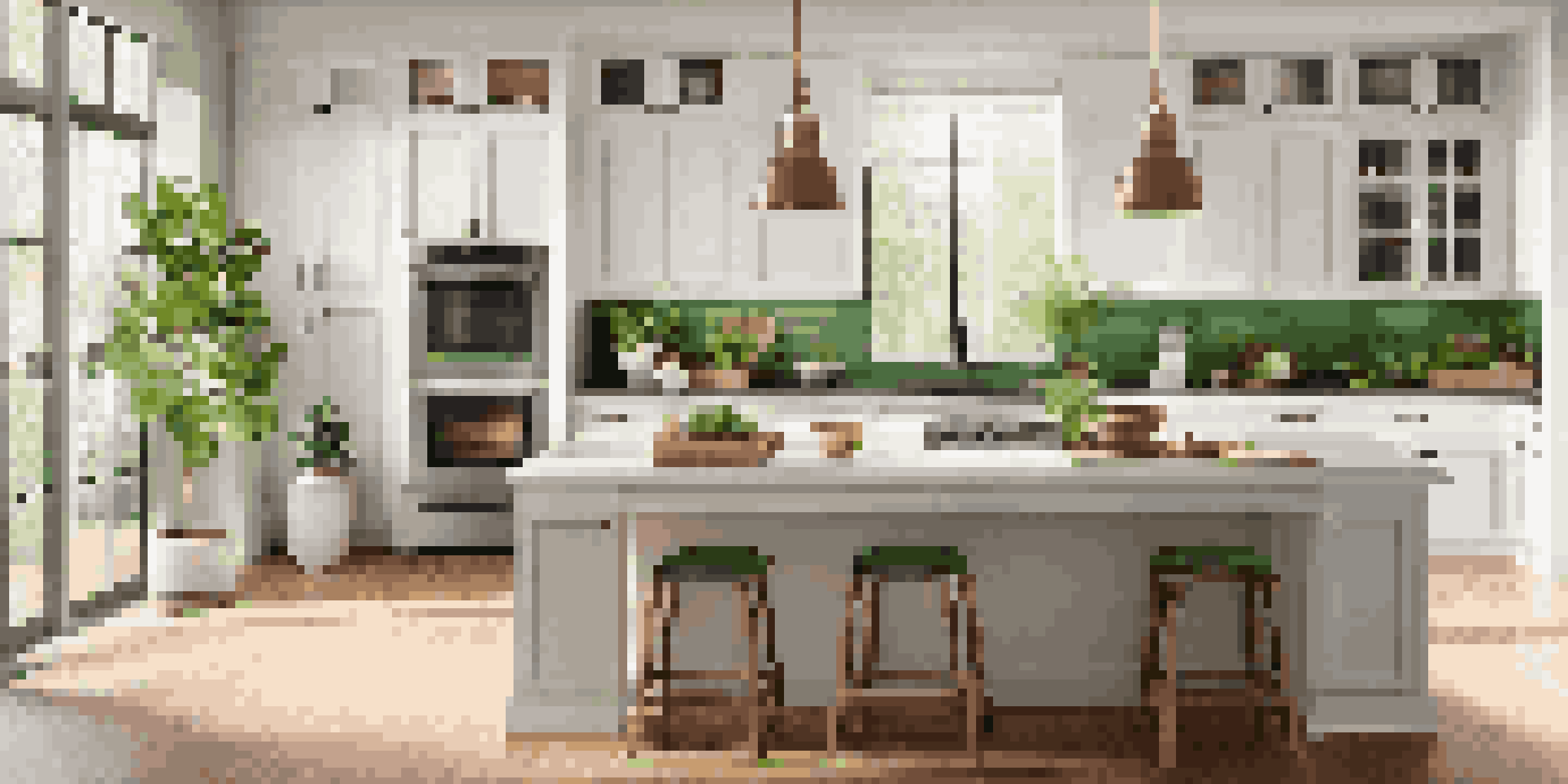 A modern kitchen with an island, bar stools, and natural lighting, featuring warm wood tones and white cabinetry.