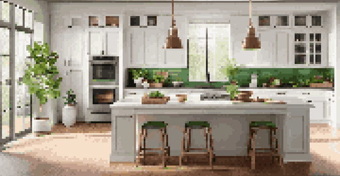 A modern kitchen with an island, bar stools, and natural lighting, featuring warm wood tones and white cabinetry.