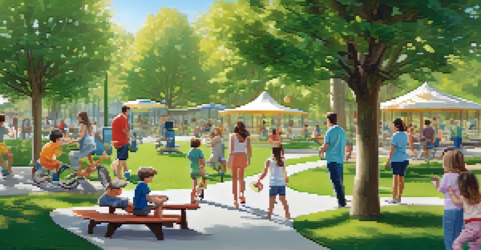 A family having fun in a smart park, with children playing, surrounded by trees and picnic areas filled with people.
