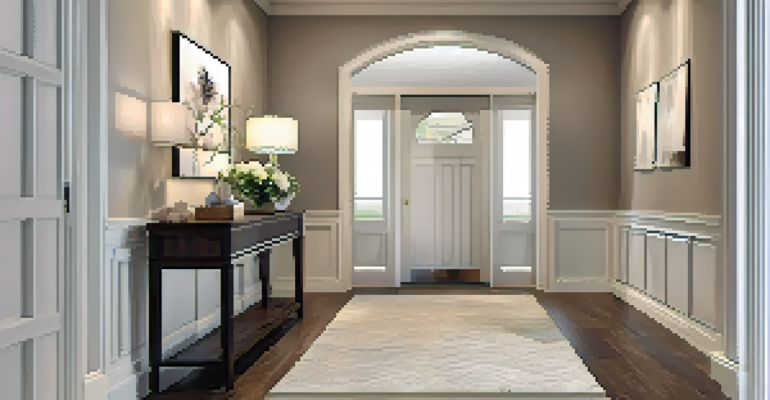 A modern entryway with a chic mirror, a wooden console table, and personal touches like family photos and a decorative vase, all in a bright space.
