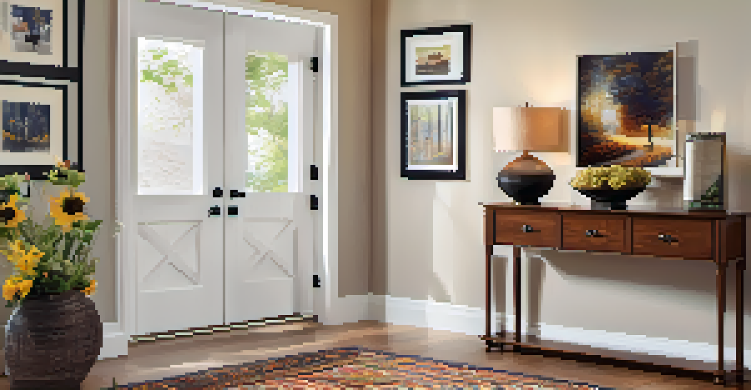 A stylish entryway with a console table, decorative items, family photos, artwork, and warm lighting.