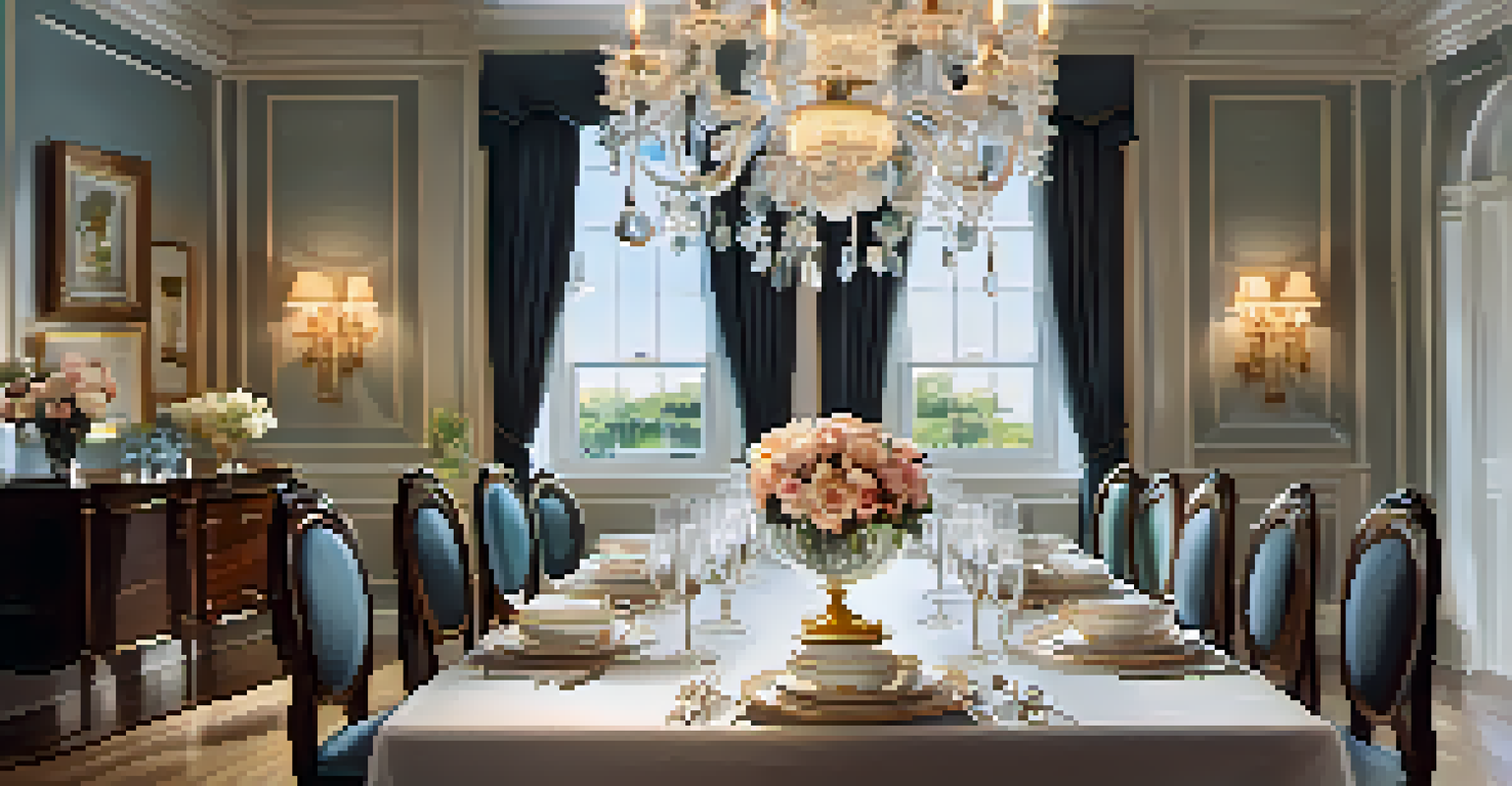 An elegantly set dining table with fine china and flowers under soft lighting.