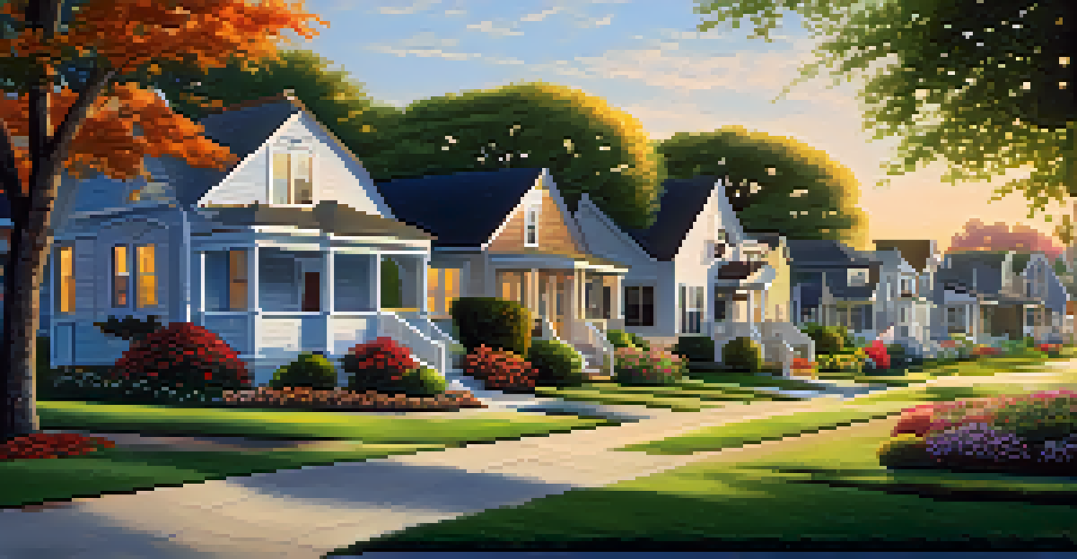 A picturesque neighborhood with well-maintained homes and a sunset, showcasing a 'For Sale' sign and families enjoying the outdoors.