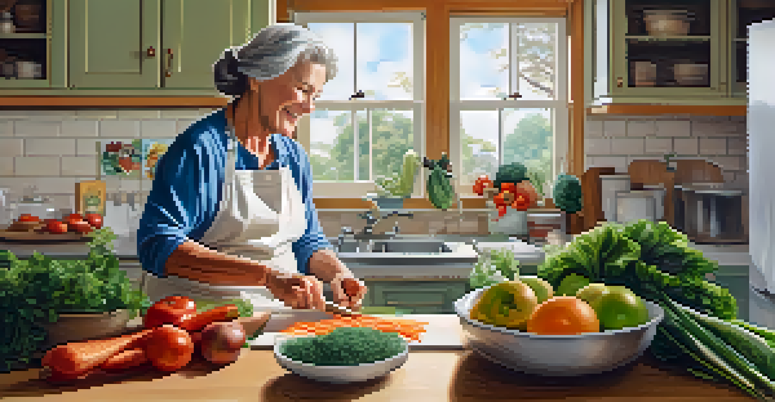 A senior woman happily cooking in a bright kitchen filled with fresh produce and family photos.