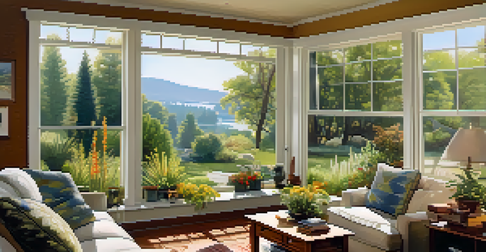 A warm and inviting energy-efficient home with large windows surrounded by a lush garden of native plants, under bright sunlight.