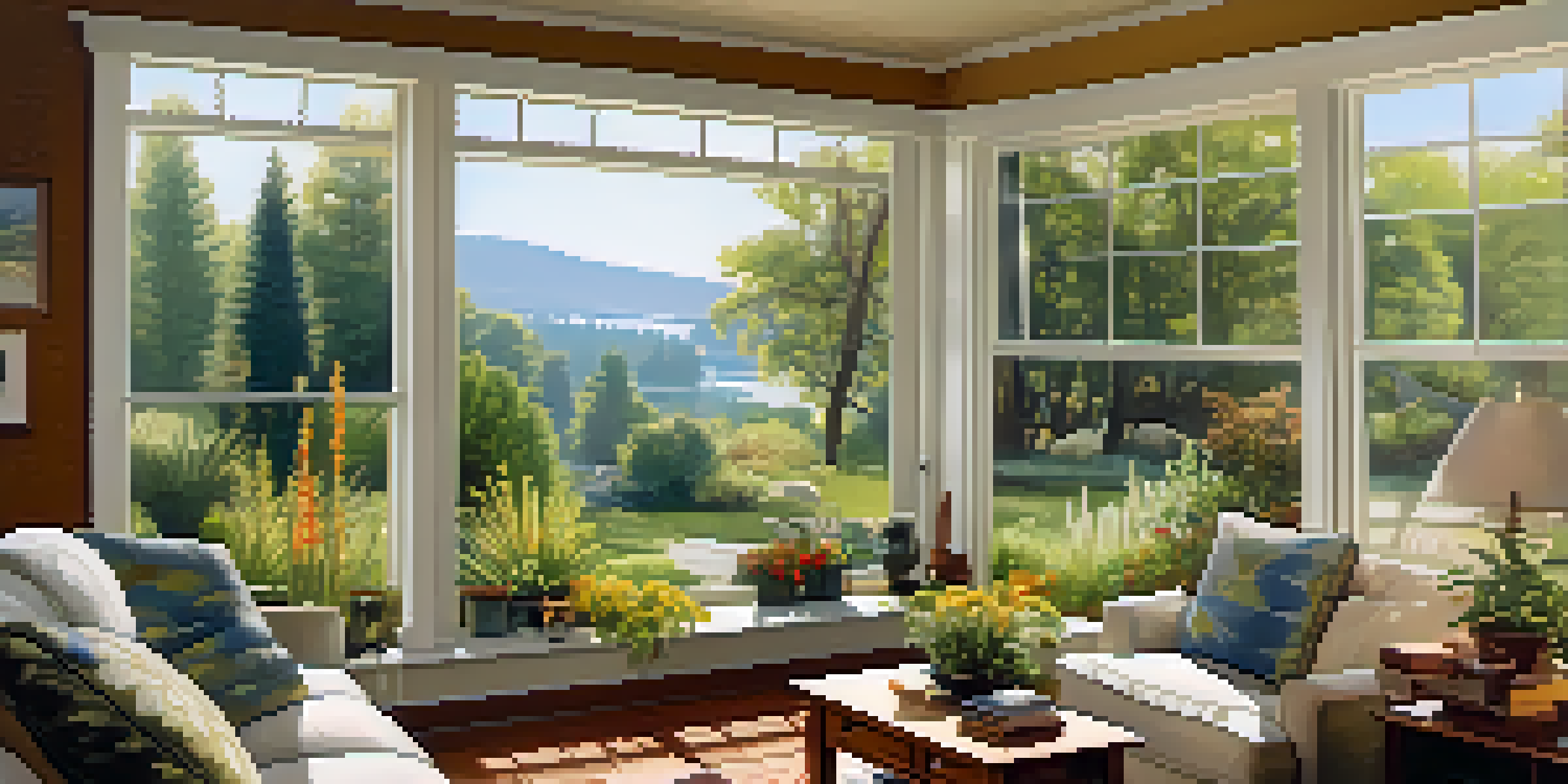 A warm and inviting energy-efficient home with large windows surrounded by a lush garden of native plants, under bright sunlight.