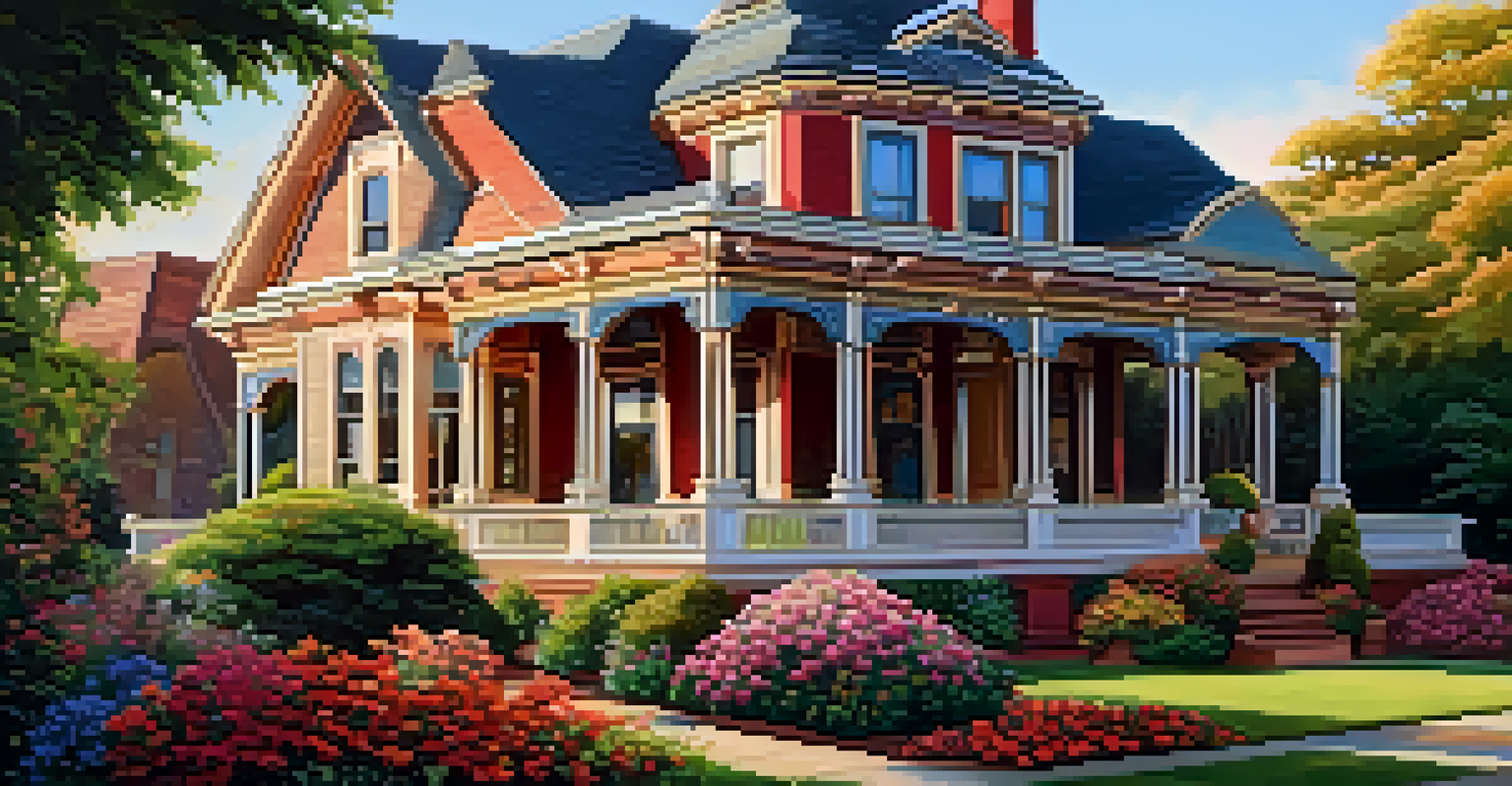 A Victorian house in bold colors surrounded by a colorful flower garden during golden hour.