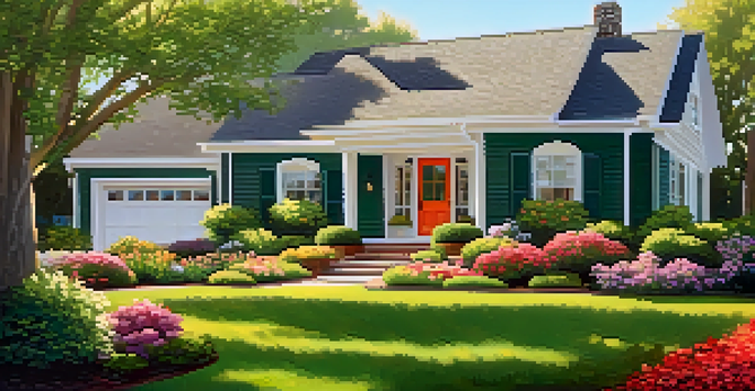 A well-maintained suburban front yard with colorful flowers, a welcoming door, and soft morning light.
