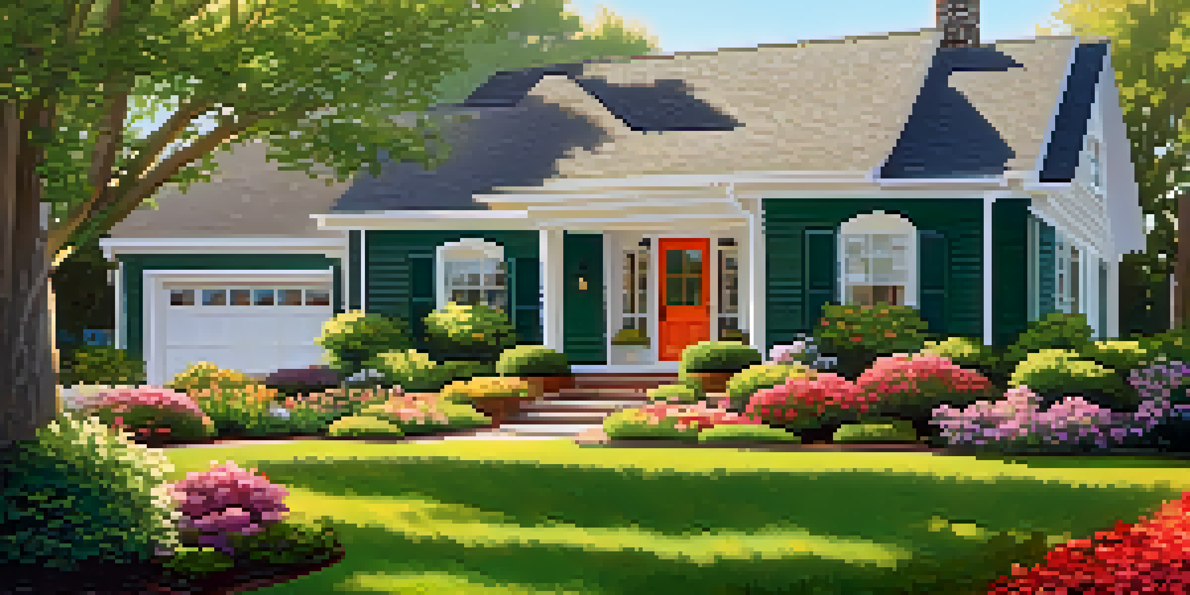 A well-maintained suburban front yard with colorful flowers, a welcoming door, and soft morning light.