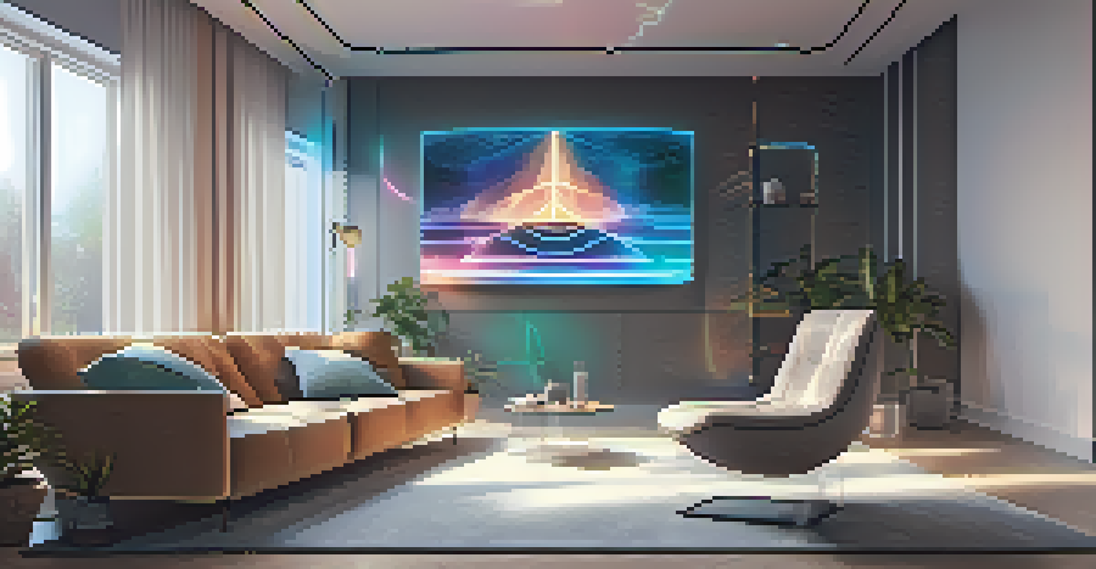 A person using a VR headset in a modern living room, engaging with a holographic display of a house, surrounded by contemporary furniture.