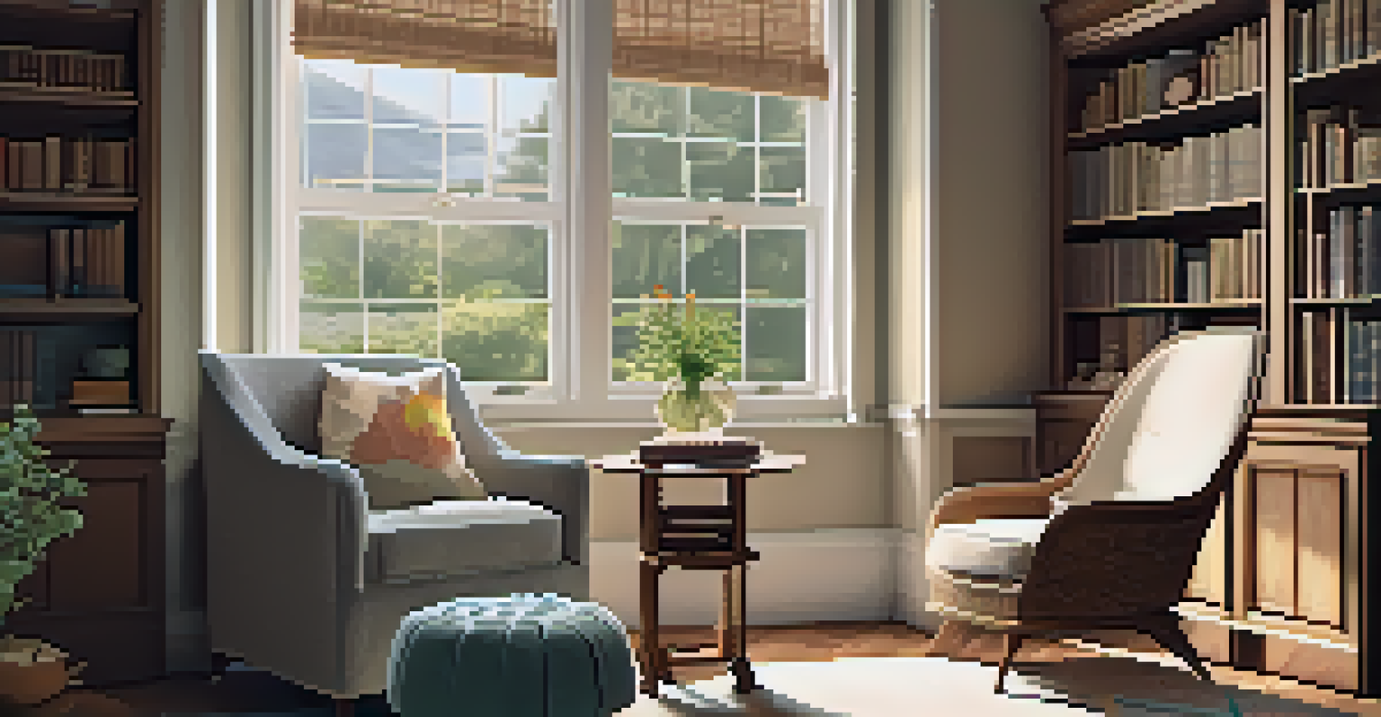 A quiet study nook in a home featuring an armchair, bookshelf, and a view of the garden, perfect for relaxation.