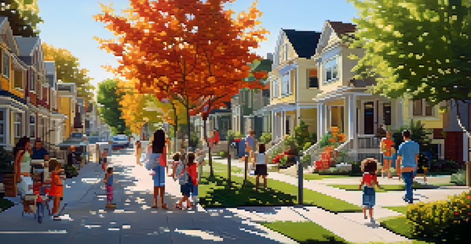 A lively urban neighborhood with modern homes and families enjoying the outdoors in warm sunlight.
