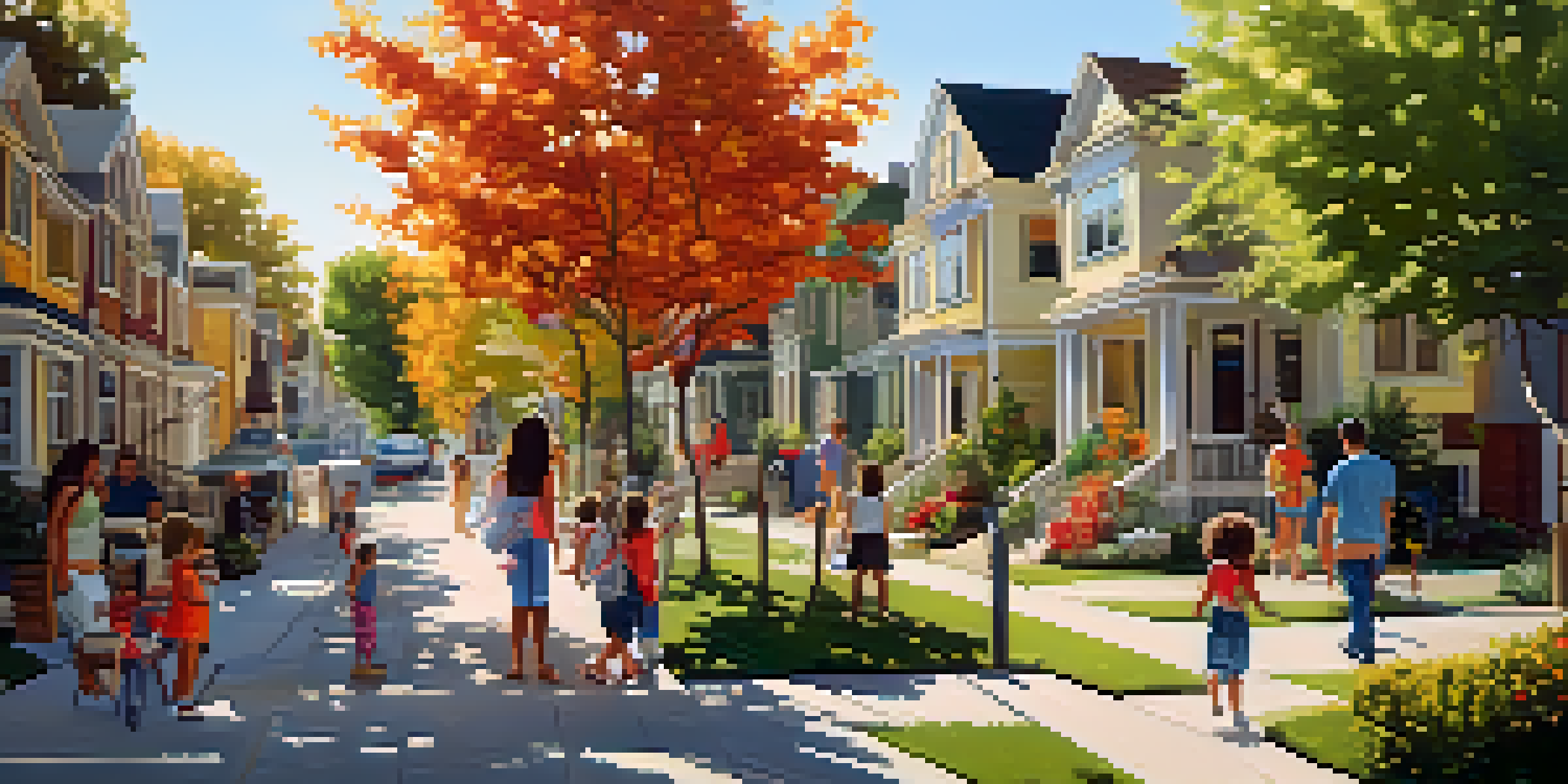 A lively urban neighborhood with modern homes and families enjoying the outdoors in warm sunlight.