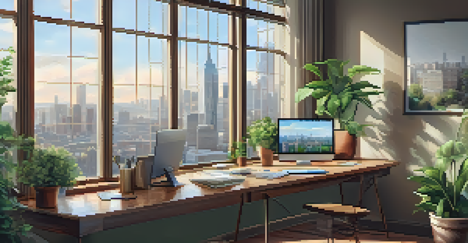 A wooden desk with a laptop and financial documents in a well-lit room with a city skyline view.