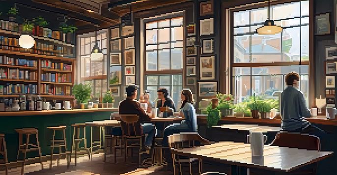 A warm and inviting coffee shop with wooden furniture, natural light, and patrons enjoying their drinks.