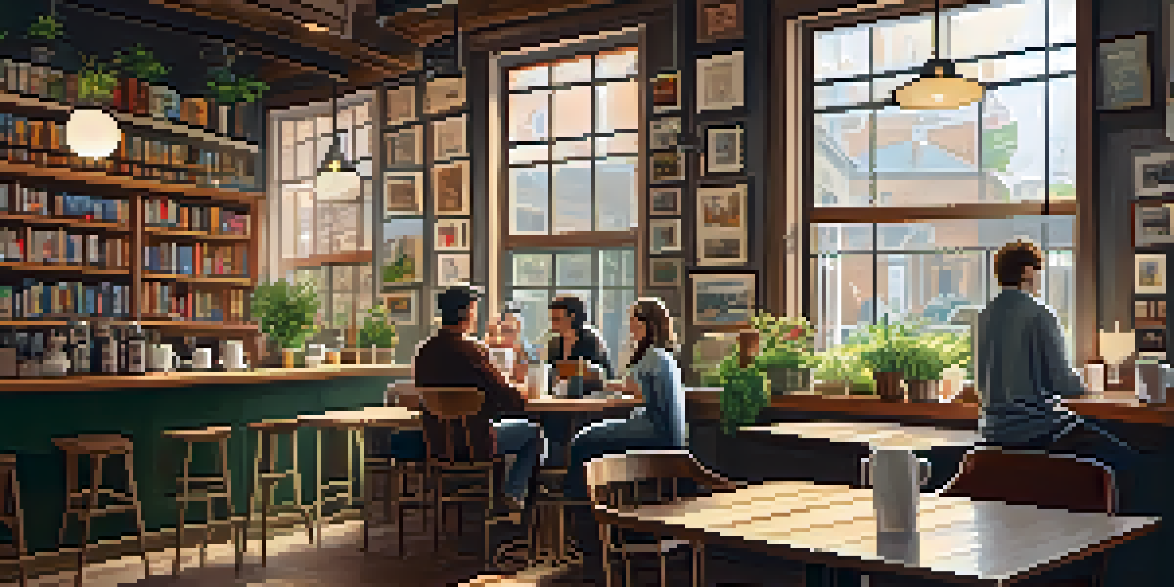 A warm and inviting coffee shop with wooden furniture, natural light, and patrons enjoying their drinks.