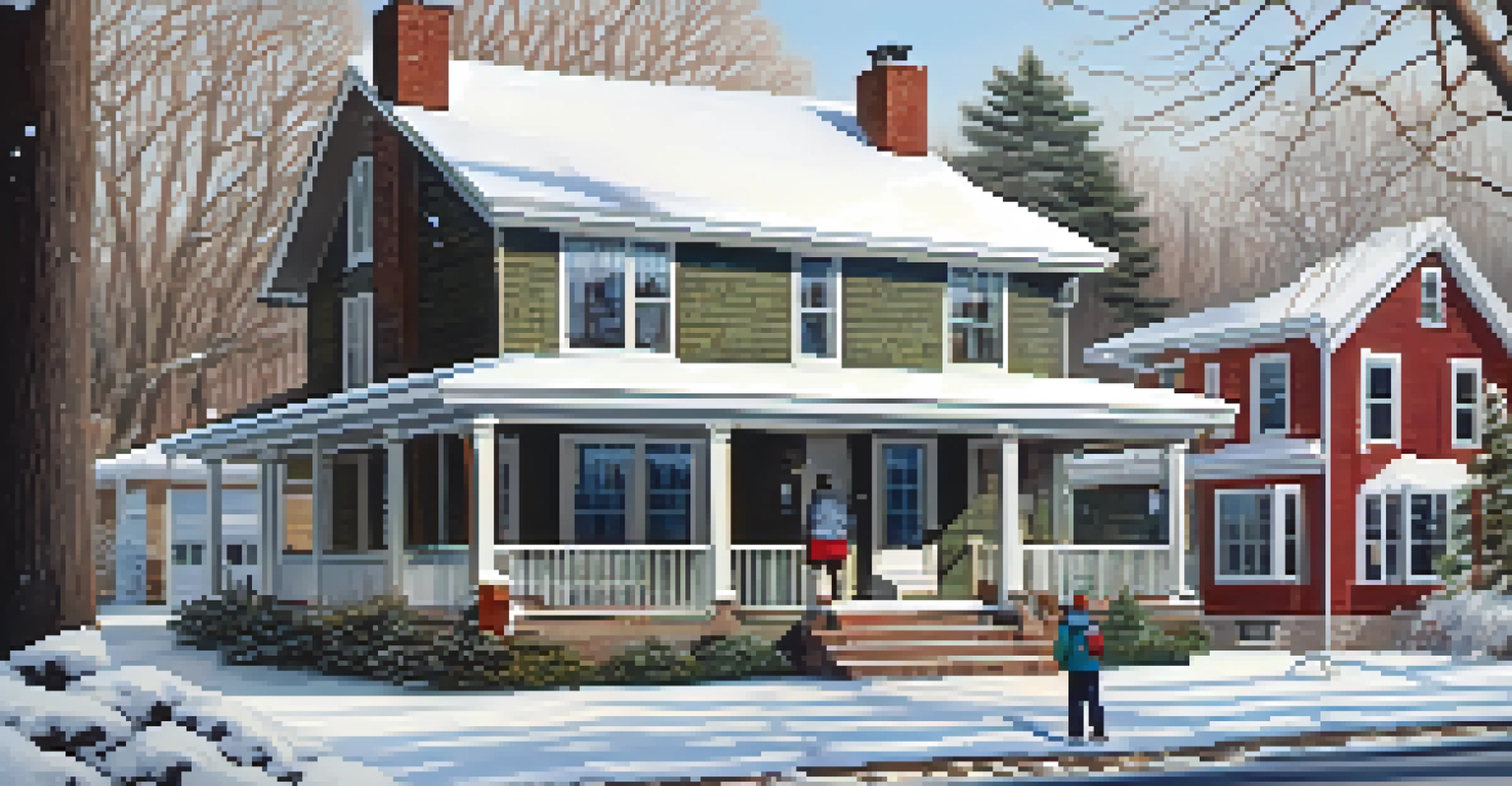 A snowy house in winter with a clear pathway and a family member inspecting the exterior for maintenance.