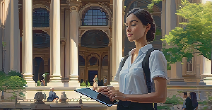 A virtual tour guide in front of a historic building with a tablet, surrounded by visitors and greenery.