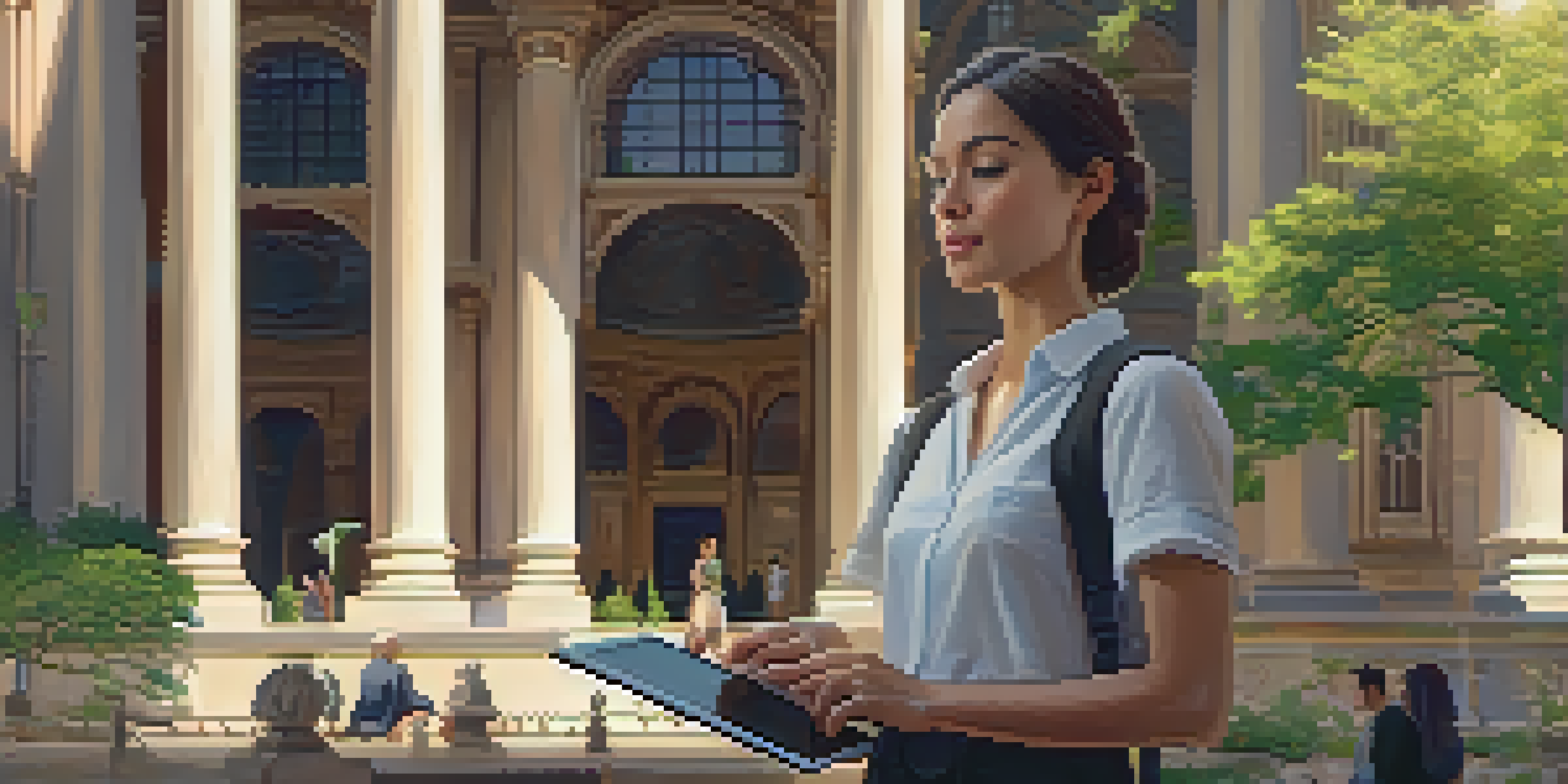 A virtual tour guide in front of a historic building with a tablet, surrounded by visitors and greenery.