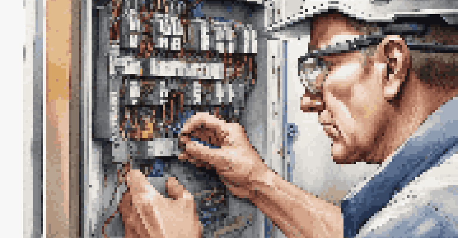 A home inspector closely examining an open electrical panel with tools in hand.