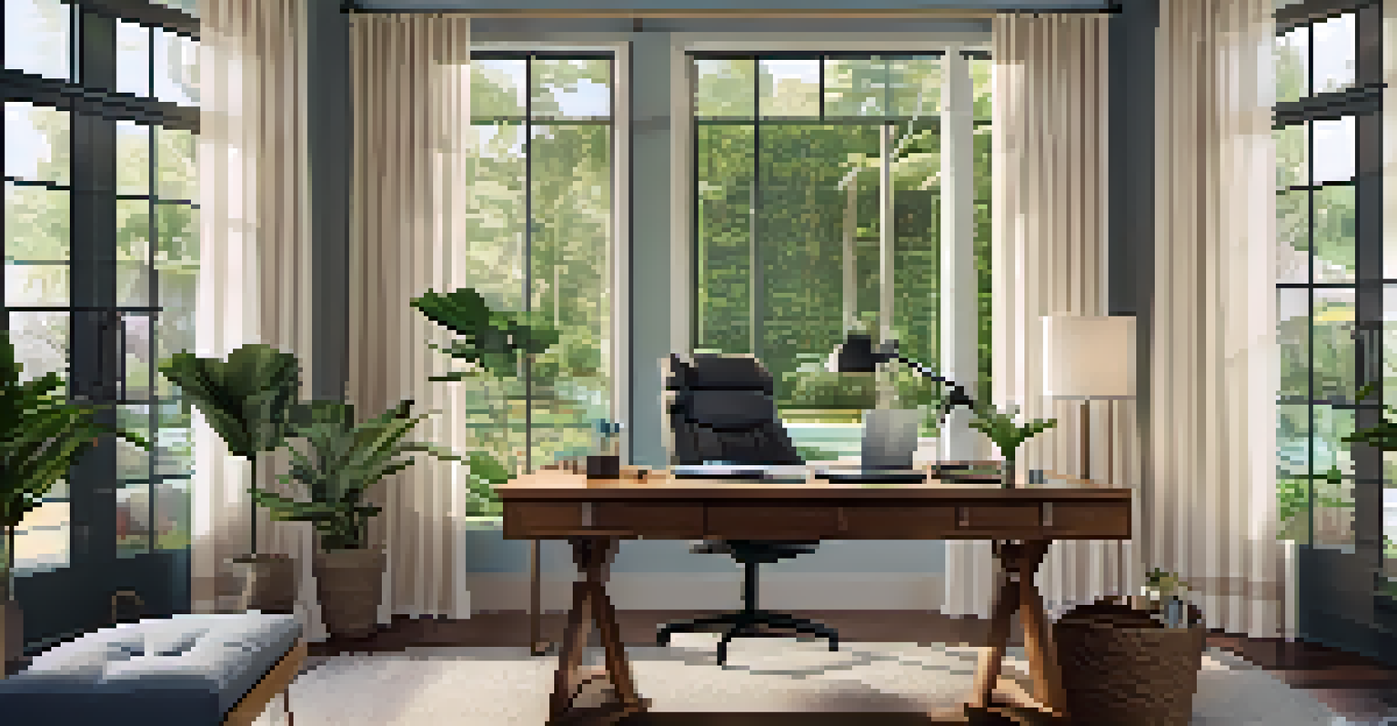 A tranquil home office with a garden view, featuring eco-friendly decor and natural light.