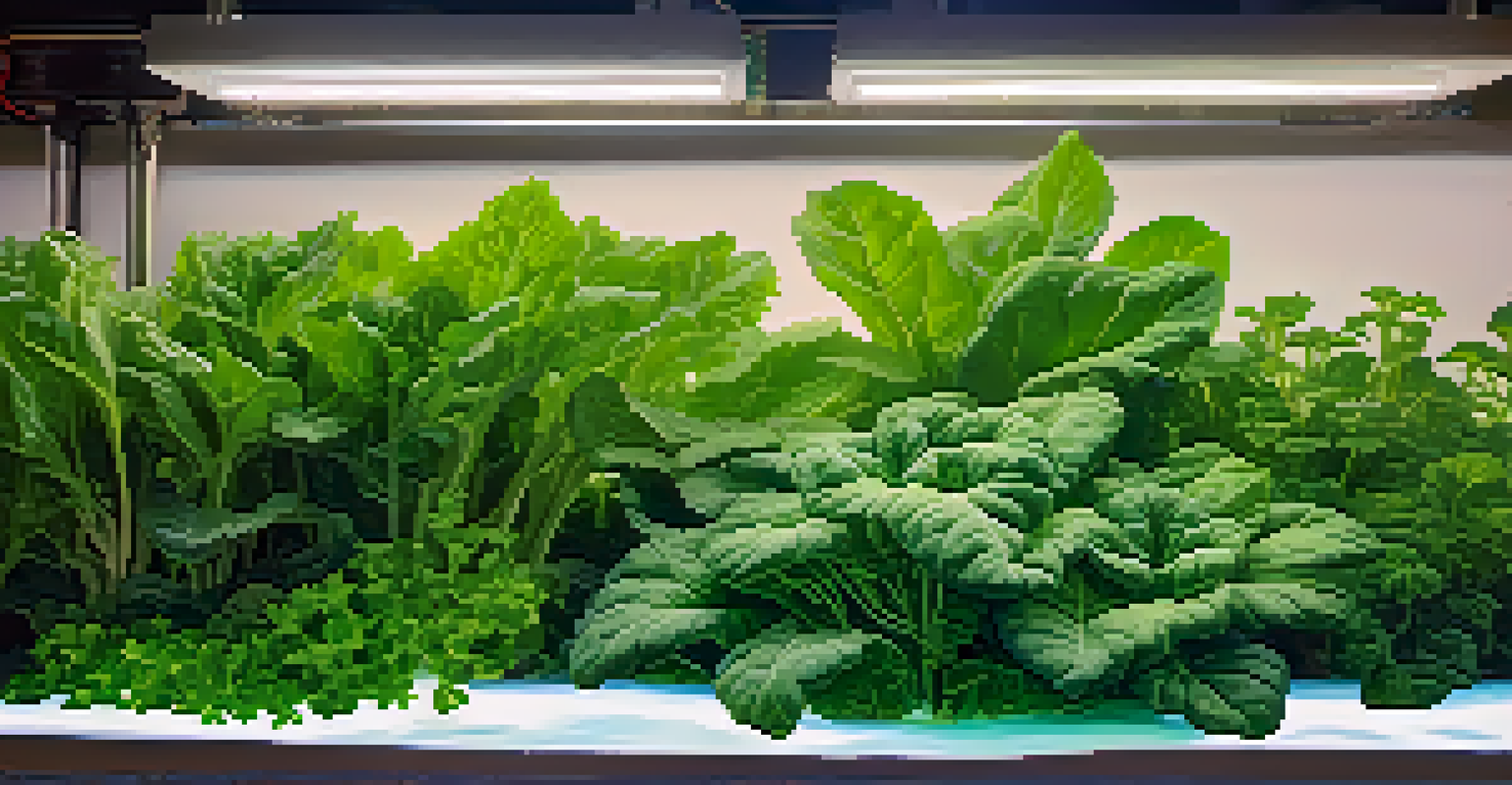 Close-up of kale and basil plants thriving in an aquaponics system with water droplets.