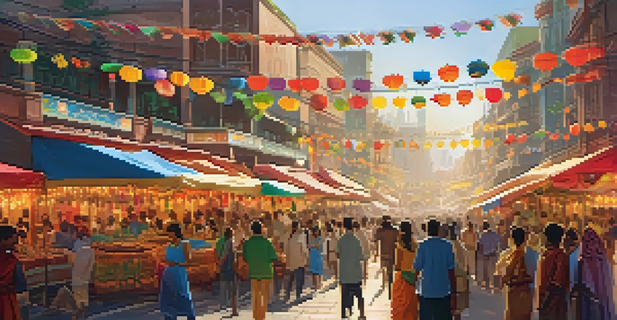 A lively urban street filled with people celebrating a cultural festival, with colorful decorations and food stalls.