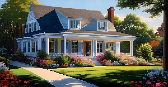 A modern residential home surrounded by greenery and flowers under a clear blue sky, with sunlight highlighting its architecture.