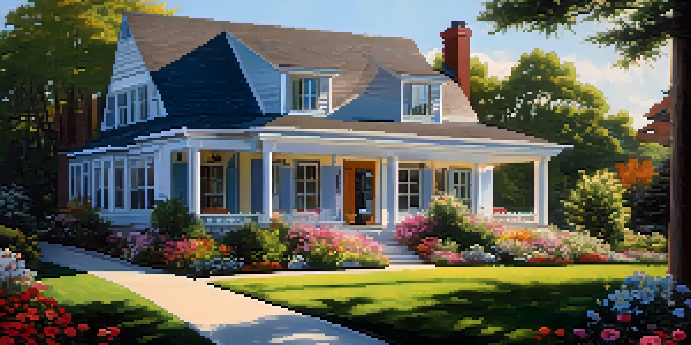 A modern residential home surrounded by greenery and flowers under a clear blue sky, with sunlight highlighting its architecture.