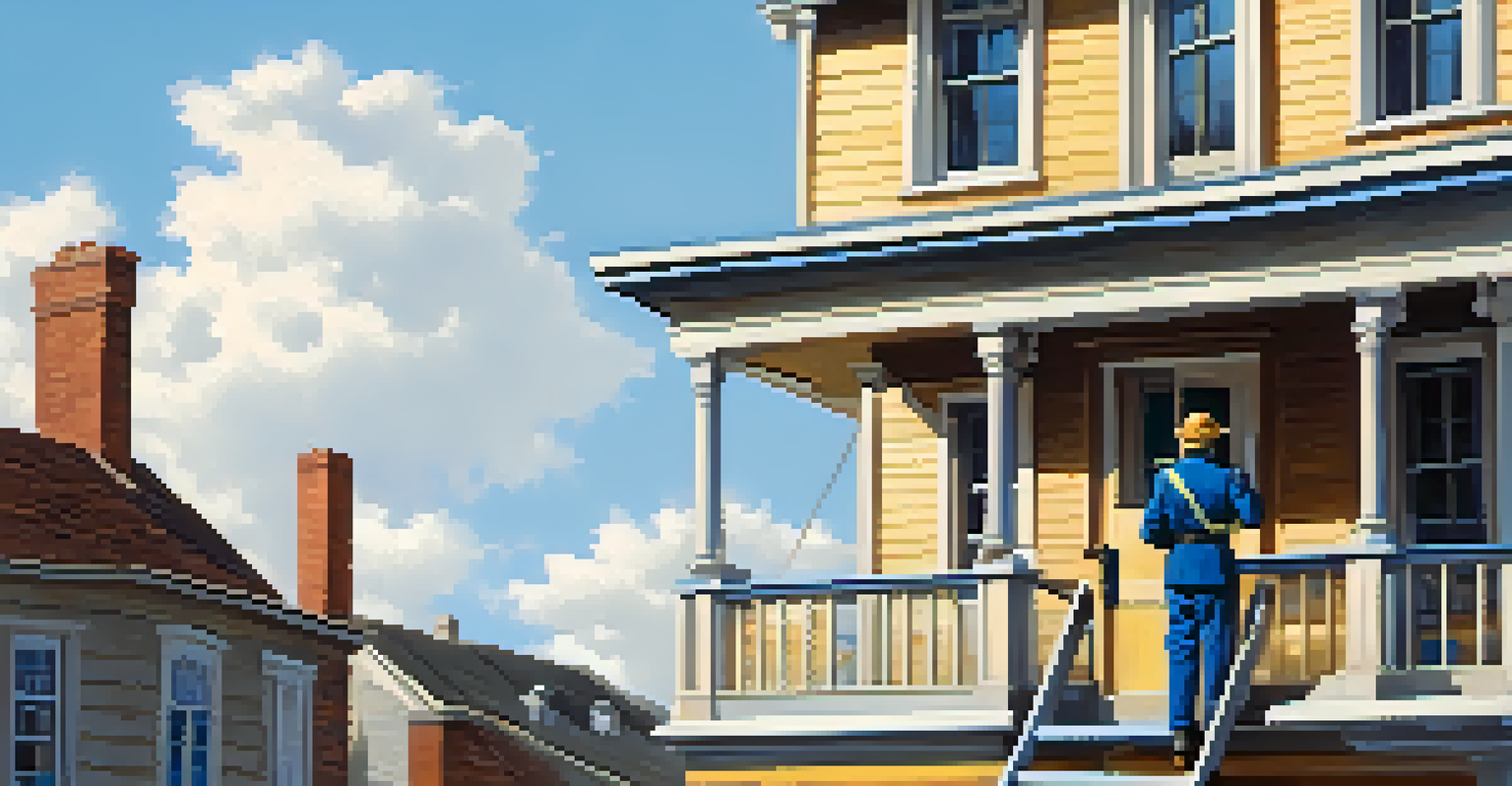 An inspector checking a roof for issues while standing on a ladder, with a vintage house in the background under a clear blue sky.