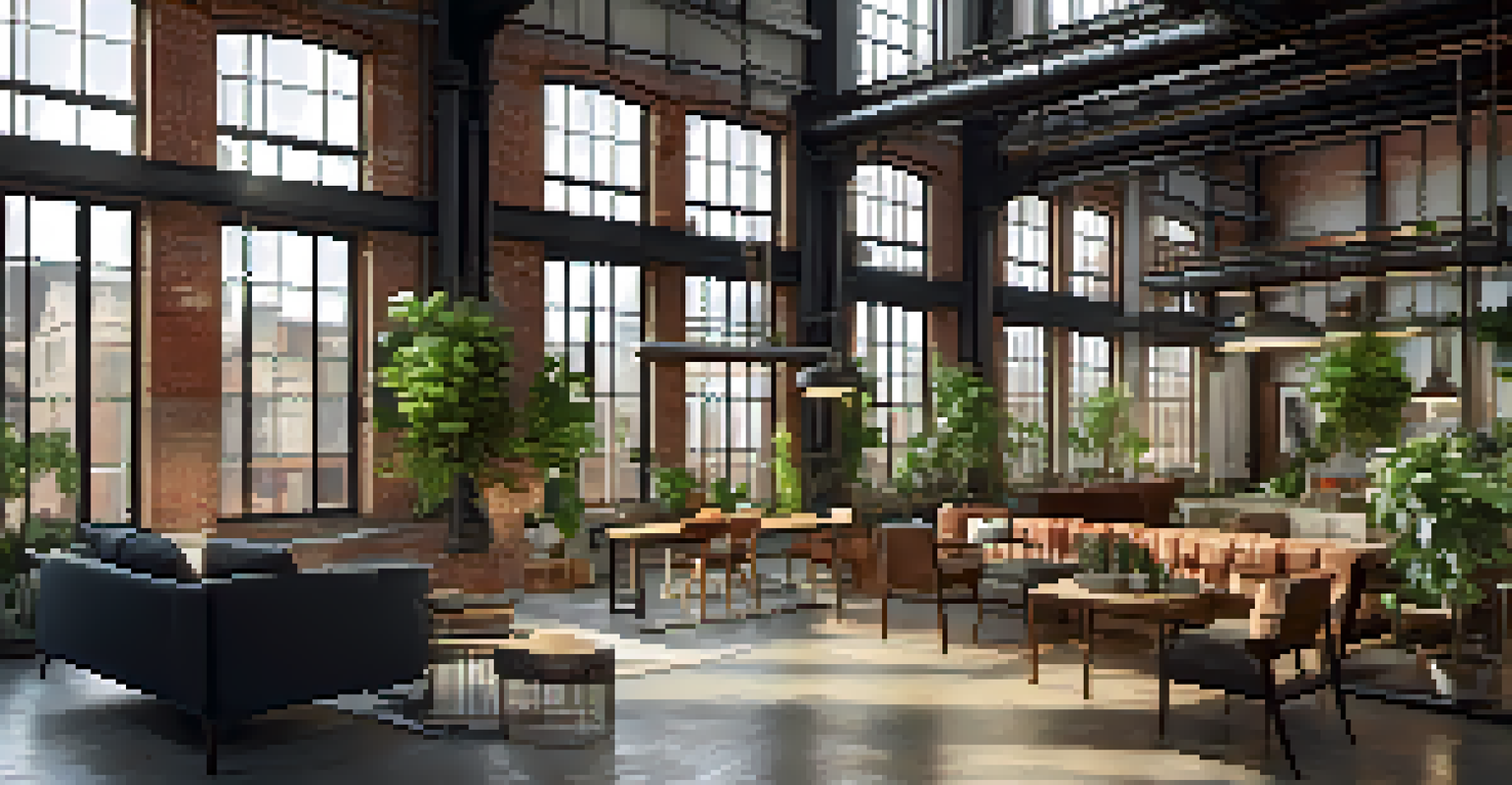 An old factory converted into trendy lofts, featuring exposed brick walls, large windows, and modern furniture in a bright, sunlit interior.