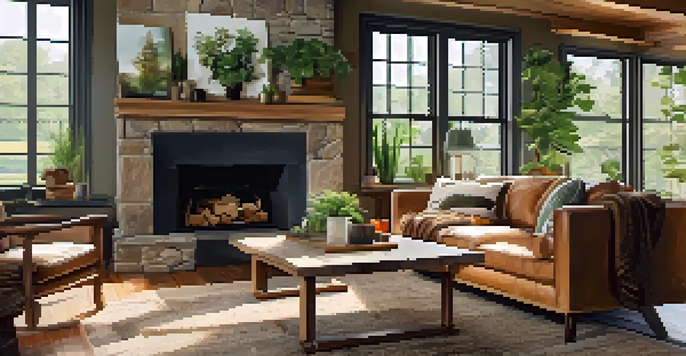A bright living room with large windows showcasing a green garden, wooden furniture, a stone fireplace, and various indoor plants.