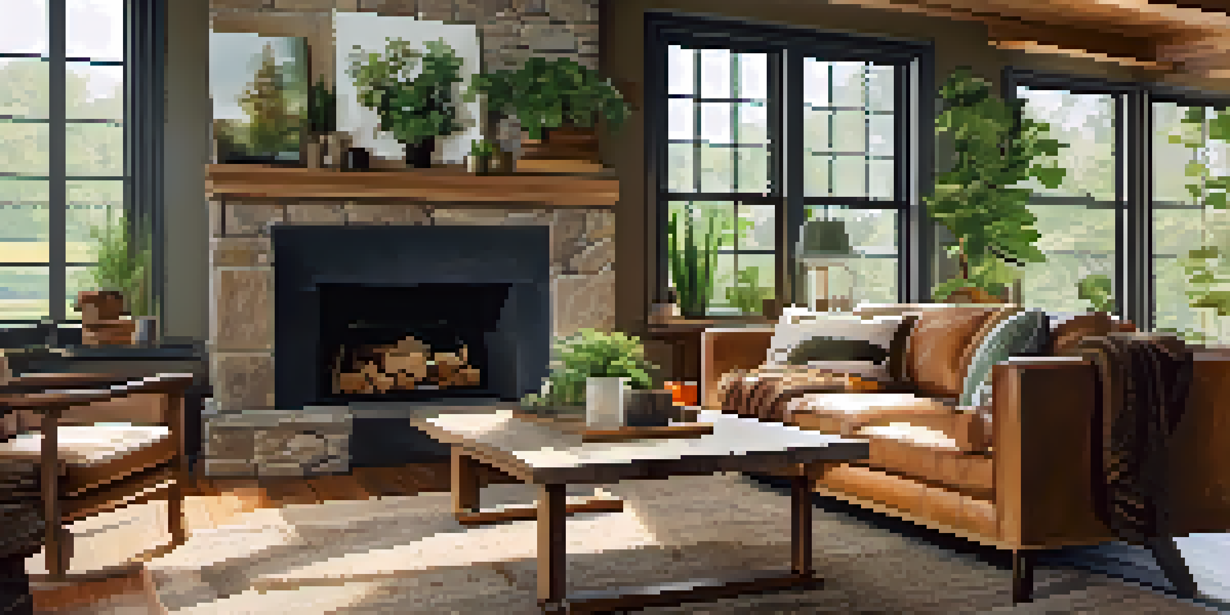 A bright living room with large windows showcasing a green garden, wooden furniture, a stone fireplace, and various indoor plants.