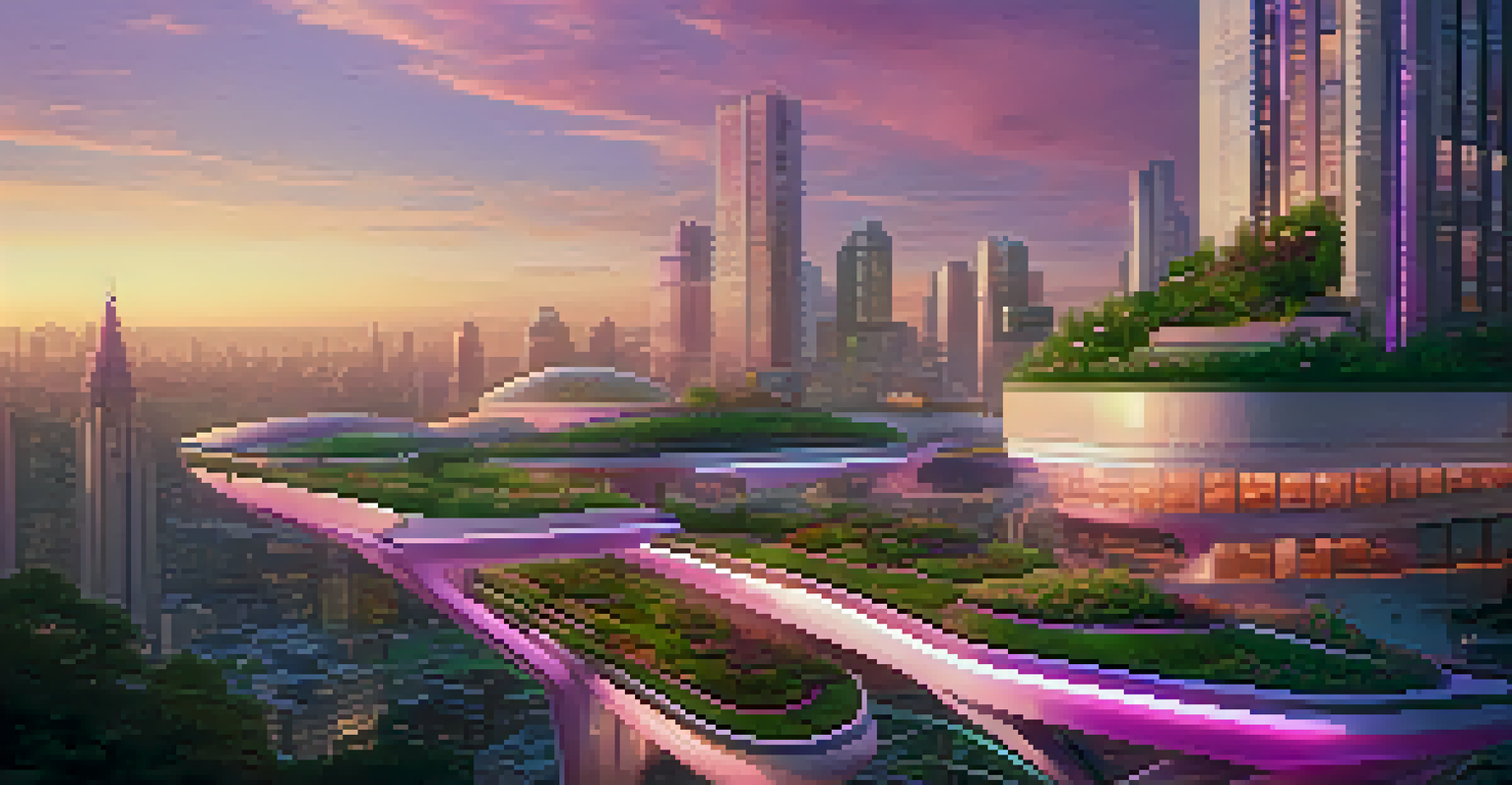 A futuristic city skyline at dusk with smart traffic systems, public transport, and green architecture, set against a colorful sunset sky.