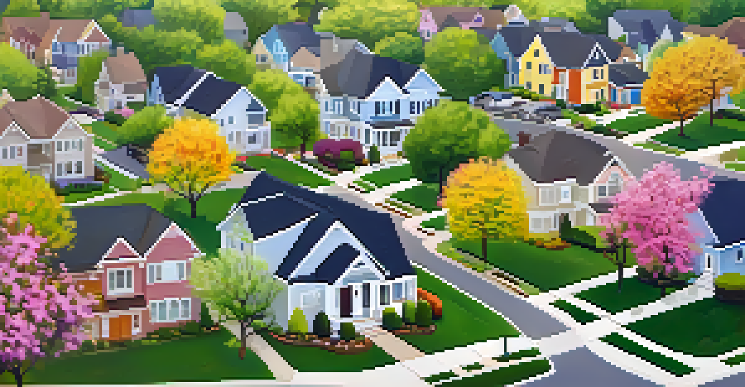 Aerial view of a vibrant suburban neighborhood in spring, featuring blooming trees, colorful flowers, and sunny weather.